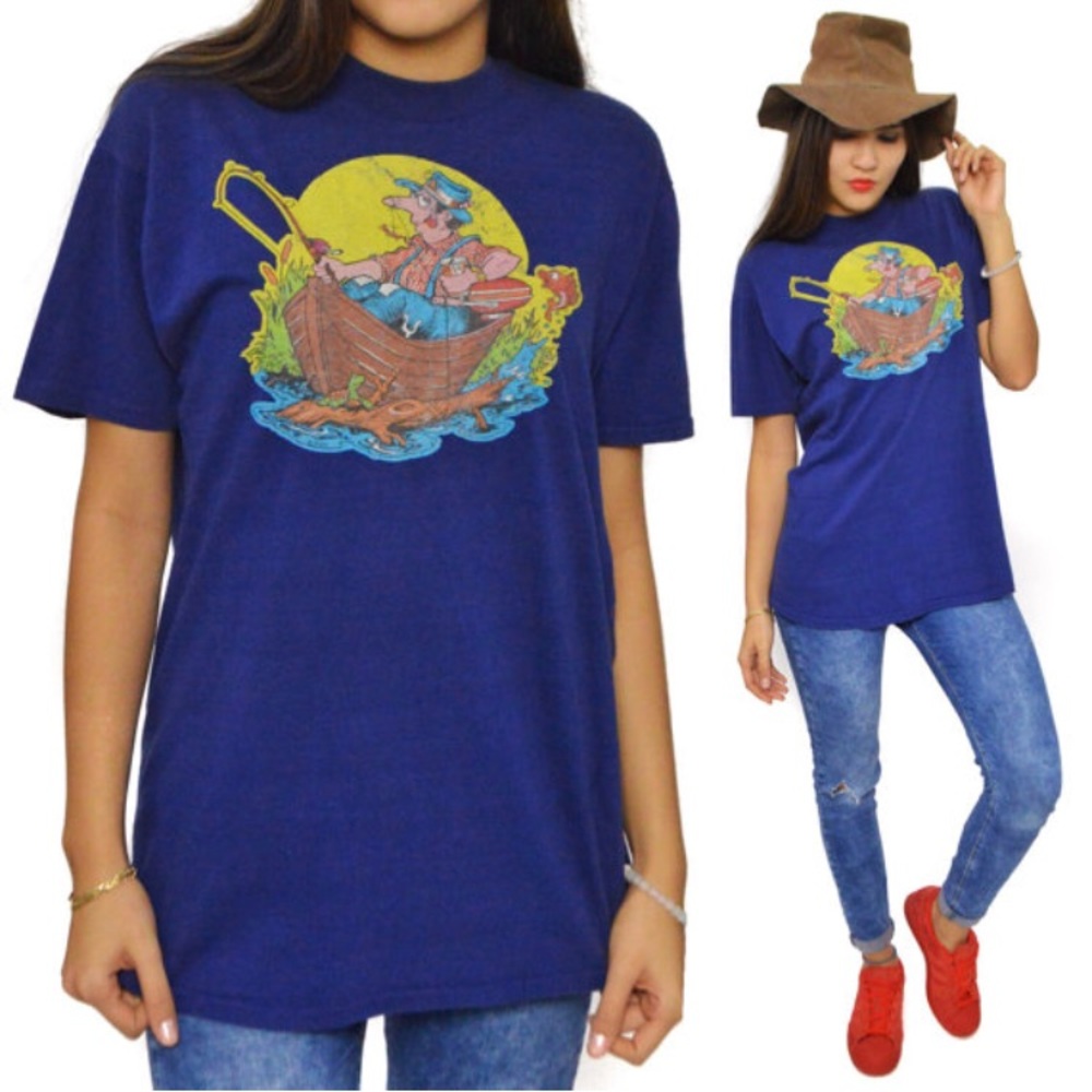 Vintage 70s Drunk Fishing Guy Iron On T Shirt Sz L